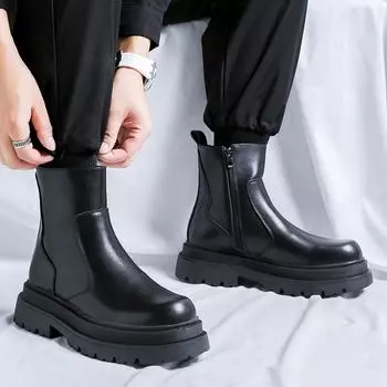 Fashion Leather Fashion High Top Shoes Men All-match Men s Motorcycle Boots Handmade Mens Slip On Sneakers Luxury Brand Men Basic Boots 38 чёрный