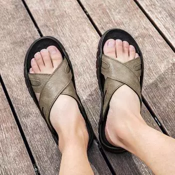 Fashion Leather Fashion Shoes Men Flip-flops Classic Male Luxury Slippers All-match Outdoor Pantuflas Men s Summer Beach Walking Shoes 38 серый