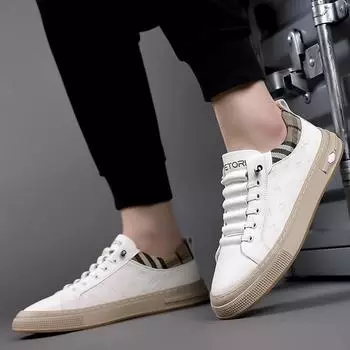 Fashion Leather Fashion Vulcanize Footwear Men Lace-Up Male Comfortable Walking Shoe All-match Skate Shoes Men Antiskid Mens Sneakers 38 белый