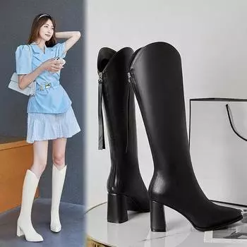 Fashion Leather Fur Knee Thigh High Shoes for Women Heeled Pointed Toe Black High Heels Autumn Long Boots Woman Winter 2024 Wedges Hot 34
