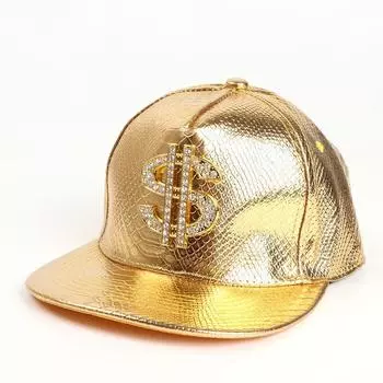Fashion Leather Hip Hop Flat-Brimmed Cap USD Spot Drill Crocodile Pattern Baseball Cap Men and Women Street Hipster Hip Hop Hat Gold Adjustable