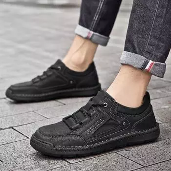 Fashion Leather Men Casual Shoes lace up Handmade sewing Breathable Man Board Shoes Breathable Soft Working shoes men sneakers 38 чёрный