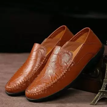 Fashion Leather Men Casual Shoes Man s Genuine Shoes Mens Breathable Slip on Black Driving Shoes Plus Size 37-47 37 оранжевый