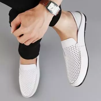 Fashion Leather Men Casual Shoes Slip on Formal Loafers Luxury Brand Comfortable Men Hollow Out Italian Soft Male Driving Shoes 36 чёрный