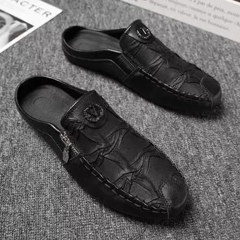 :Fashion Leather Men’s Half Slippers Breathable Mens Casual Shoes Outdoor Men Loafers Lazy Shoes Flats Comfortable Male Sneakers 39