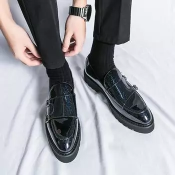 Fashion Leather Mens Business Dress Loafers Shoes Brand Handmade 2024 Fashion Double Buckle Elegant Smooth Surface Leather Wedding Shoes 37 золотой