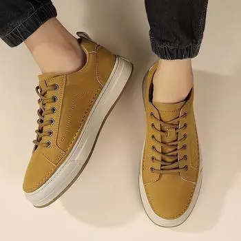 Fashion Leather Mens Casual Shoes Non-slip Wear-resistant Sports Shoes Lace Up Comfortable Flat Slip-on White Outdoor Sneakers 38 чёрный