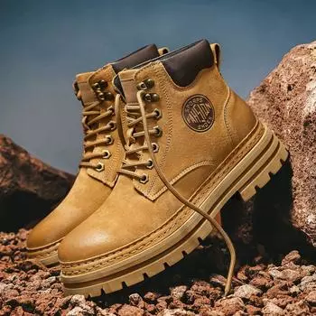 Fashion Leather Shoes Men s Boots High Top Fashion Motorcycle Leather Shoes Outdoor Male Classic Sneakers Boots Lace-Up Male Ankle Boots 38