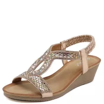 fashion Leather Wedge Sandals Casual Rhinestones Design Women Sandals Summer Best Street Look Female Square Head Open Toe Shoes 36 шампанского