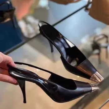 Модные кожаные женские туфли-лодочки Модные металлические туфли с квадратным носком на высоком каблуке Офисные женские туфли Весна-лето Женские туфли с открытой пяткой 40