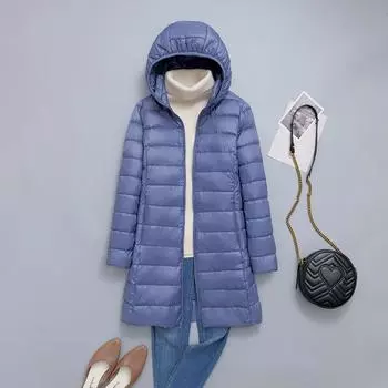 FASHION Легкая куртка-пуховик женская средней длины с утолщением большого размера со съемной шапкой Легкая ультратонкая куртка Tide Clothes S