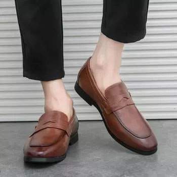 Fashion Leisure business men s leather shoes comfort Slip on loafer Minimalist and versatile styles Wedding Party Office Walking Shoes 38 коричневый