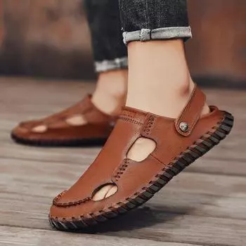 Fashion Leisure Man Sandaly Slides Hand-stitching Mens Sandals Rome Style Leather Beach Shoes Men Breathable Summer Casual Shoes 38 чёрный