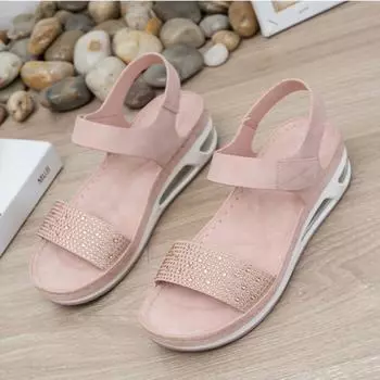 Fashion Leisure Sandals Women 2024 New Air Cushion Sole Slope Heel Rhinestone Sandals Womens Shoes Sandal Med (3cm-5cm) Adult Solid 36 розовый