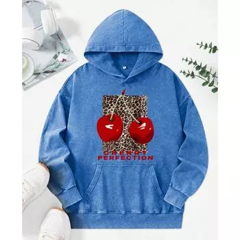 Fashion Leopard And Cherry Perfection Print Women Washed Hoodies Multicolor Hoody Loose Streetwear Womenwear M
