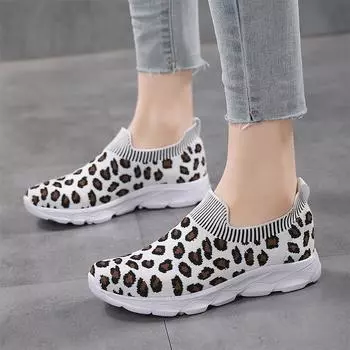 fashion Leopard Print Breathable Mesh Sneakers Summer Women Lightweight Non Slip Knitted Flats Woman Comfortable Jogging Sports Shoes 35