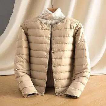 МОДА Легкая и тонкая куртка-пуховик женская короткая 2024 новая 90 белая утиная пуховая подкладка верхняя одежда круглый вырез теплая куртка большого размера Одежда M белый