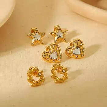 Fashion light luxury design earrings 18K gold stainless steel inlaid zircon stars peach heart earrings simple earrings women