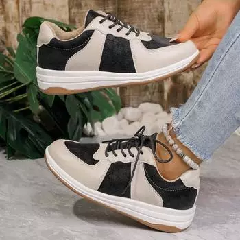 fashion Lightweight Lace Up Casual Sneakers Women Comfortable Non Slip Sports Shoes for Running Woman Mix Color Pu Leather Sneakers 2024 36 чёрный