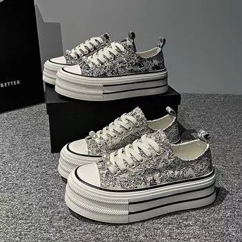 Fashion Lightweight Thick Sole Heightened Dad Shoes Women s Sneakers Outdoor Lace Up canvas Shoes for women platform shoes 35 бежевый