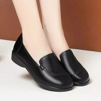 Fashion Literary Style Women Slip On Loafers Soft Leather Low Heel Round Toe Comfort Soft Spring Retro Casual Single Shoes 35(Foot22.5cm)