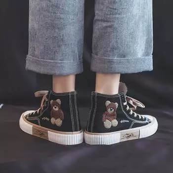 Fashion Little Bear High-top Women s Canvas Shoes Plus Velvet Shallow Women Casual Shoes Rubber Lace Up Female Flat Shoes 5 чёрный