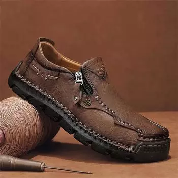 Fashion Loafers Men Leather Casual Men s Driving Shoes Comfty Outdoor Slip-ons Loafer Hand-stitching Male Hiking Shoes Treking Footwear 38 хаки