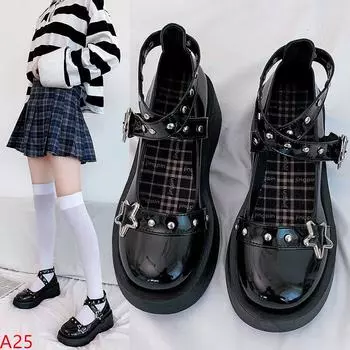 fashion Lolita Shoes Star Buckle Mary Janes Women Cross-tied Platform Patent Leather Girls Rivet Casual Platform Small Leather Shoe 2024 35