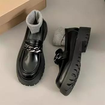 Fashion Lolita Shoes Women Platform Mary Janes Shoes Fashion metal chain round toe small leather shoes Women Vintage Jk Uniform shoes 4.5 чёрный