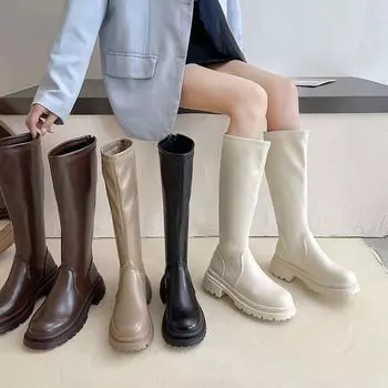 Fashion Long Boots Women New Round Head Thick Bottom Knight Boots Spring Autumn Platform Casual Back Zipper Thigh-high Botas Femininas 35 чёрный