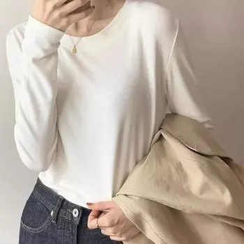 Fashion Long Sleeve Slim Fit White T-shirt Women Round Neck Spring and Autumn Simple Base T Shirt Ladies Elegant Solid Casual Pullover Tee Tops 25571 S белый
