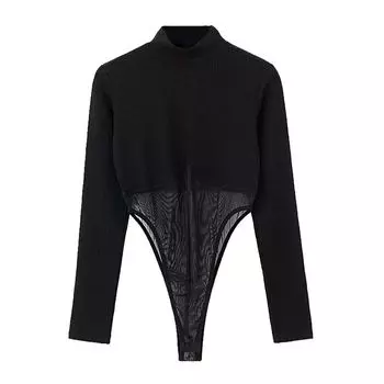 Fashion Long Sleeve T-shirt New Patchwork Top One-Piece Black S