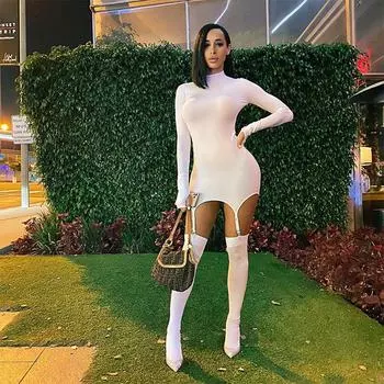Fashion Long Sleeves Turtleneck Silm Sheath Sexy Hook Socks Buckle Dress Women s Slim-Fit Dress White S