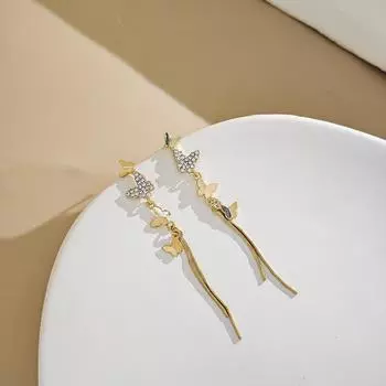 Модные длинные серьги-бабочки с кисточками и элегантным камнем цирконием, универсальные для работы и вечеринки золотой