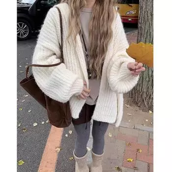 Fashion Loose Cardigan Knitted Hooded Women Sweater Solid Color Casual Coats Lantern Long Sleeves Office Large Knit Jacket Top Clothing One size