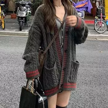 Fashion Loose V Neck Cardigan Twist Sweater Jacket Women s Autumn and Winter Knitted Casual Office Long Coats Pockets Long Sleeve Elegant Clothing one size