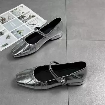 мода Низкий толстый каблук квадратная головка серебряные балетки кожаные туфли мелкий носок женские низкие каблуки 35 бежевый