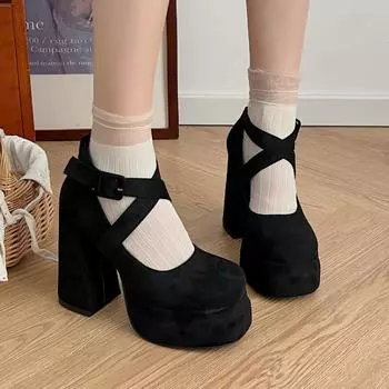 Fashion Luxurious Suede Bow Designer Pumps Women s Thick Sole Mary Jane Shoes Chunk Heels Women s High Heels 34 бежевый