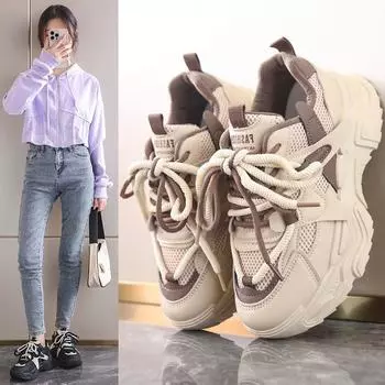 Модная роскошь 2024 года, сезон весна-осень, новая мода, повседневная обувь Songcake с толстой подошвой и мелкими шнурками, дышащая женская спортивная обувь 35 бежевый