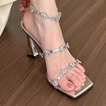 Fashion Luxury Crystal Flowers Women Sandals Fashion Ankle Strap Buckle High Heels Gladiator Sandals Elegant Summer Wedding Prom Shoes 34 серебряный