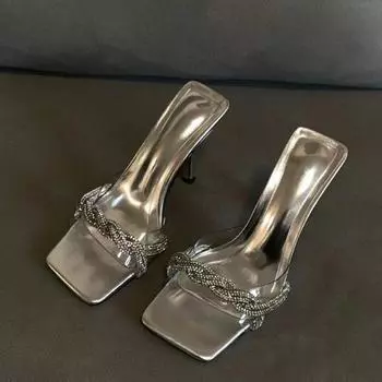 Модные роскошные хрустальные туфли на высоком каблуке, женские туфли, летние тапочки 2024 года, новые элегантные туфли-лодочки с острым носком, женские сексуальные повседневные сандалии без застежек 35 серебряный