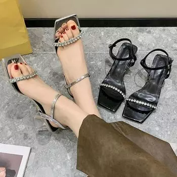 Fashion Luxury Crystal Sandals Women Rhinestone Ankle Strap Mid Heeled Sandalias Ladies Summer Evening Party Shoes in Black Silver Color 35 чёрный