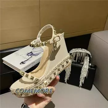 Fashion Luxury Designer Woman Sandals Rivet Rome Platform Wedges High Heels Shoes for Women Beach Open Toe Round Head Buckle Strap 2024 34