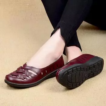 Fashion luxury Female Shoes Summer 2024 New Leather Flat Woman Loafers Casual Soft Bottom Sandals Elderly Moccasin 40 Breathable Flats 35 вино красного
