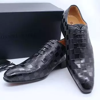 fashion Luxury Men Genuine Leather Business Dress Shoes Cowhide Handmade Brick Embossed Oxford Shoes Pointed Leather Shoes Spring Autumn 39 коричневый