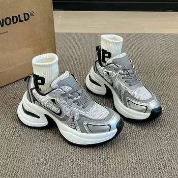 Fashion Luxury New Spring and Autumn Versatile Thick Sole Elevated Casual Sports Shoes 2024 Women s Breathable Outdoor Running Shoes 35 серебряный