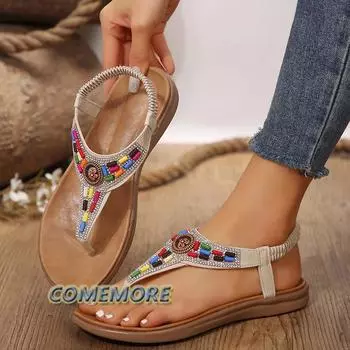 Fashion Luxury Women s Bohemia Sandals 2024 Summer Clip Toe Mix Color Flat Heels Sandals Women Bling Crystal Non-Slip Rome Shoes Ladies 36 бежевый
