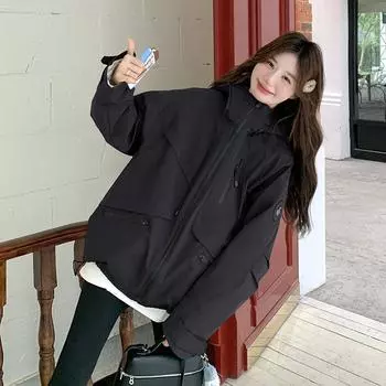 FASHION Maillard coffee jacket down jacket women s 2024 new winter college style casual hooded tooling thick coat Clothes S