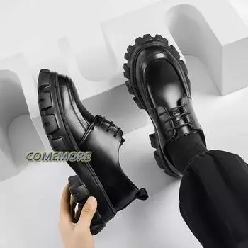 Fashion Male Leather Shoes Men s 2024 New Chunky Platform Retro Work Shoes Spring Autumn Low Top Man Casual Flats British Style Lace-up 38 чёрный