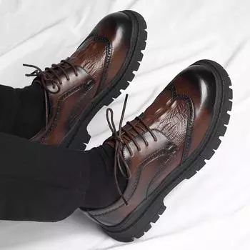 Модная мужская повседневная обувь на мягкой подошве, качественная удобная модная обувь британского стиля, мужская кожаная рабочая обувь с круглым носком и толстой подошвой 38 чёрный